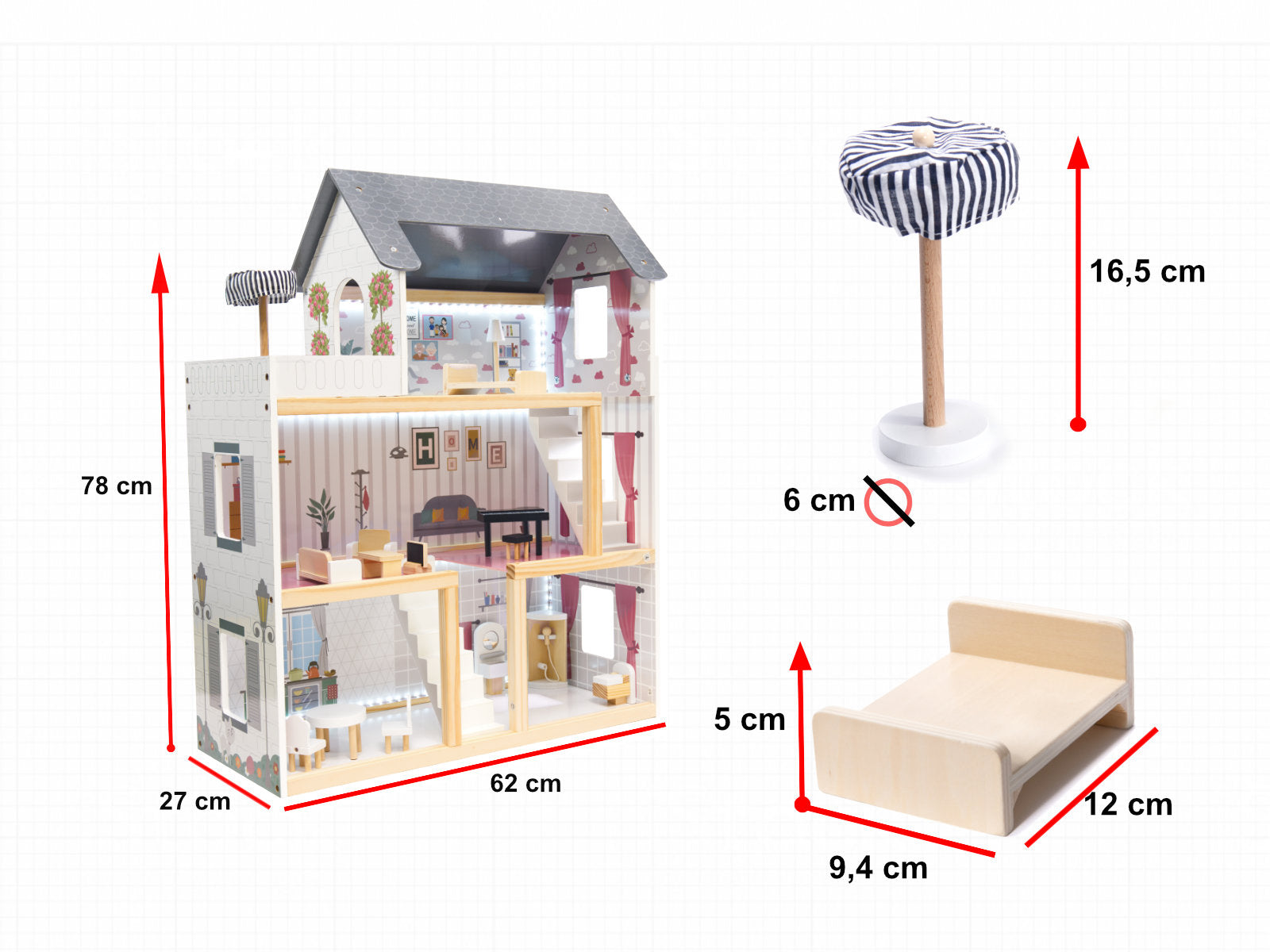 MDF koka leļļu māja + mēbeles 78cm melna LED