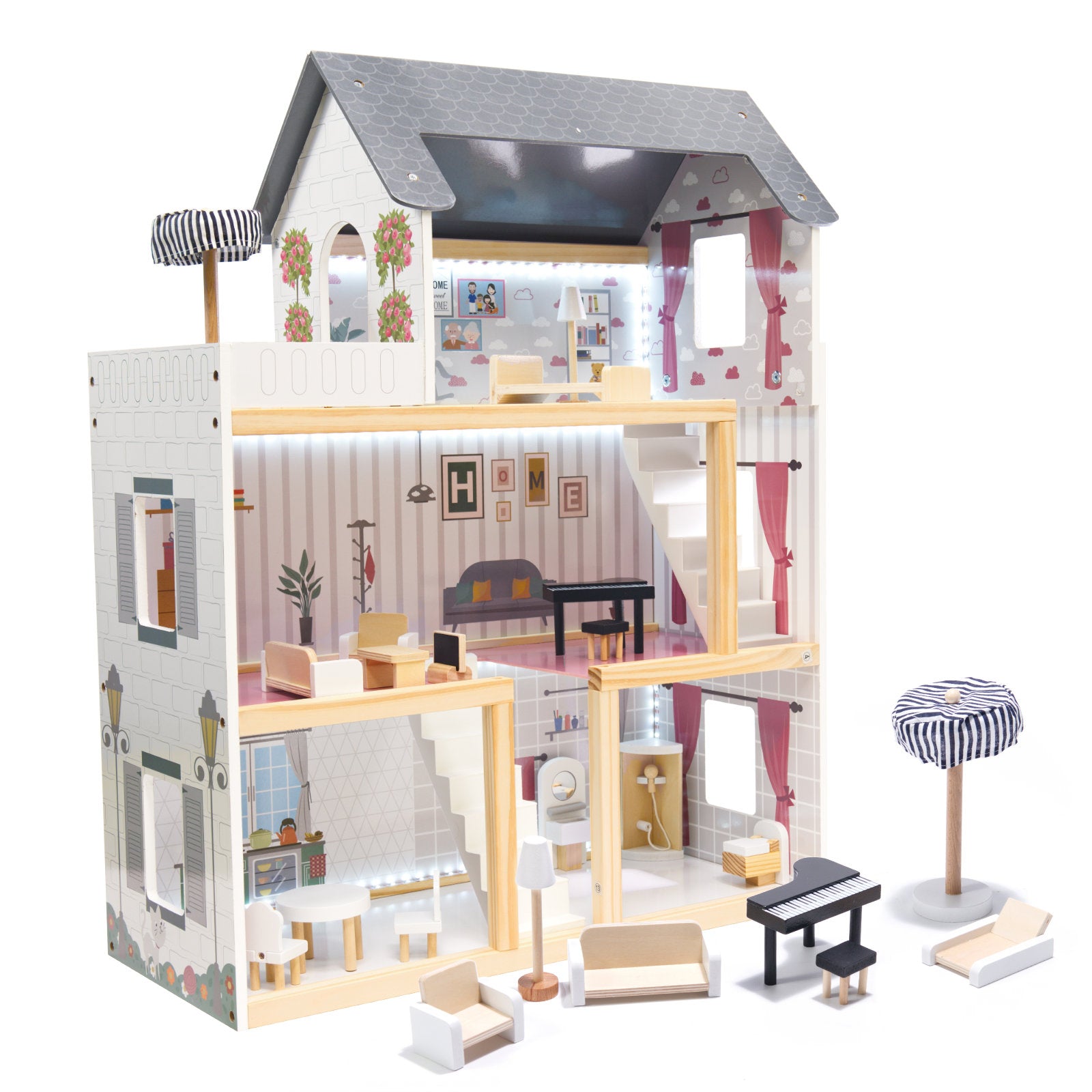 MDF koka leļļu māja + mēbeles 78cm melna LED