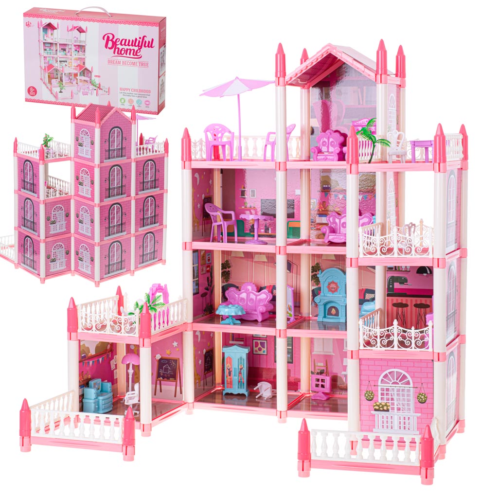 Leļļu māja villa rozā DIY 4 līmeņu mēbeles