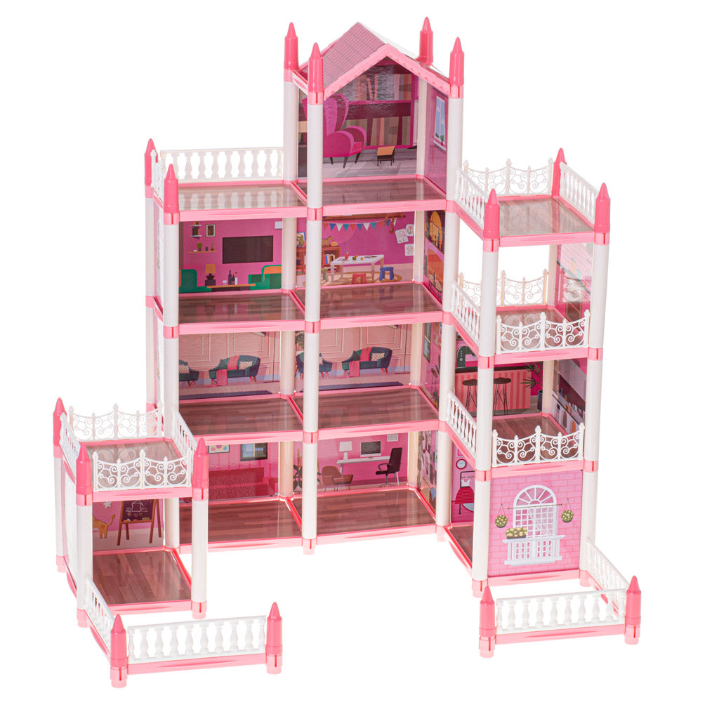 Leļļu māja villa rozā DIY 4 līmeņu mēbeles