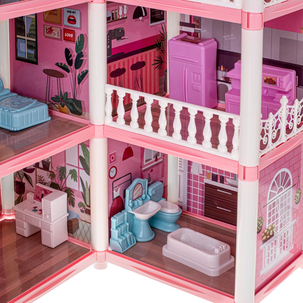 Leļļu māja villa rozā DIY 4 līmeņu mēbeles