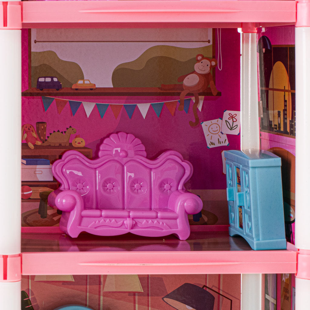 Leļļu māja villa rozā DIY 4 līmeņu mēbeles