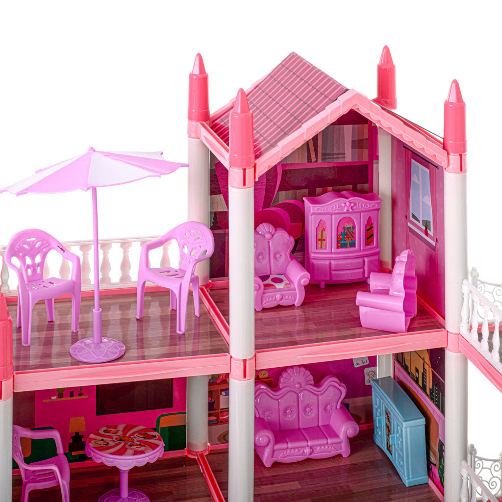 Leļļu māja villa rozā DIY 4 līmeņu mēbeles