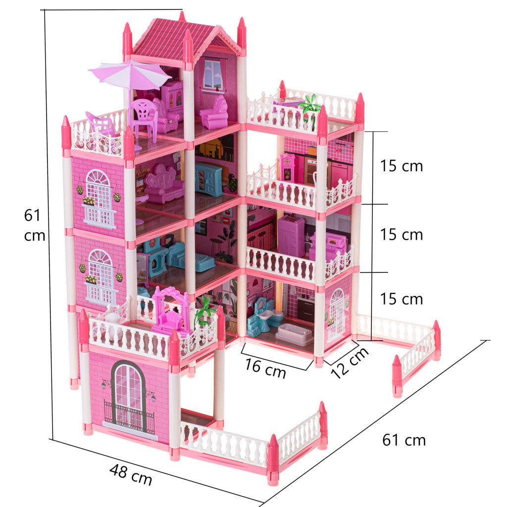 Leļļu māja villa rozā DIY 4 līmeņu mēbeles