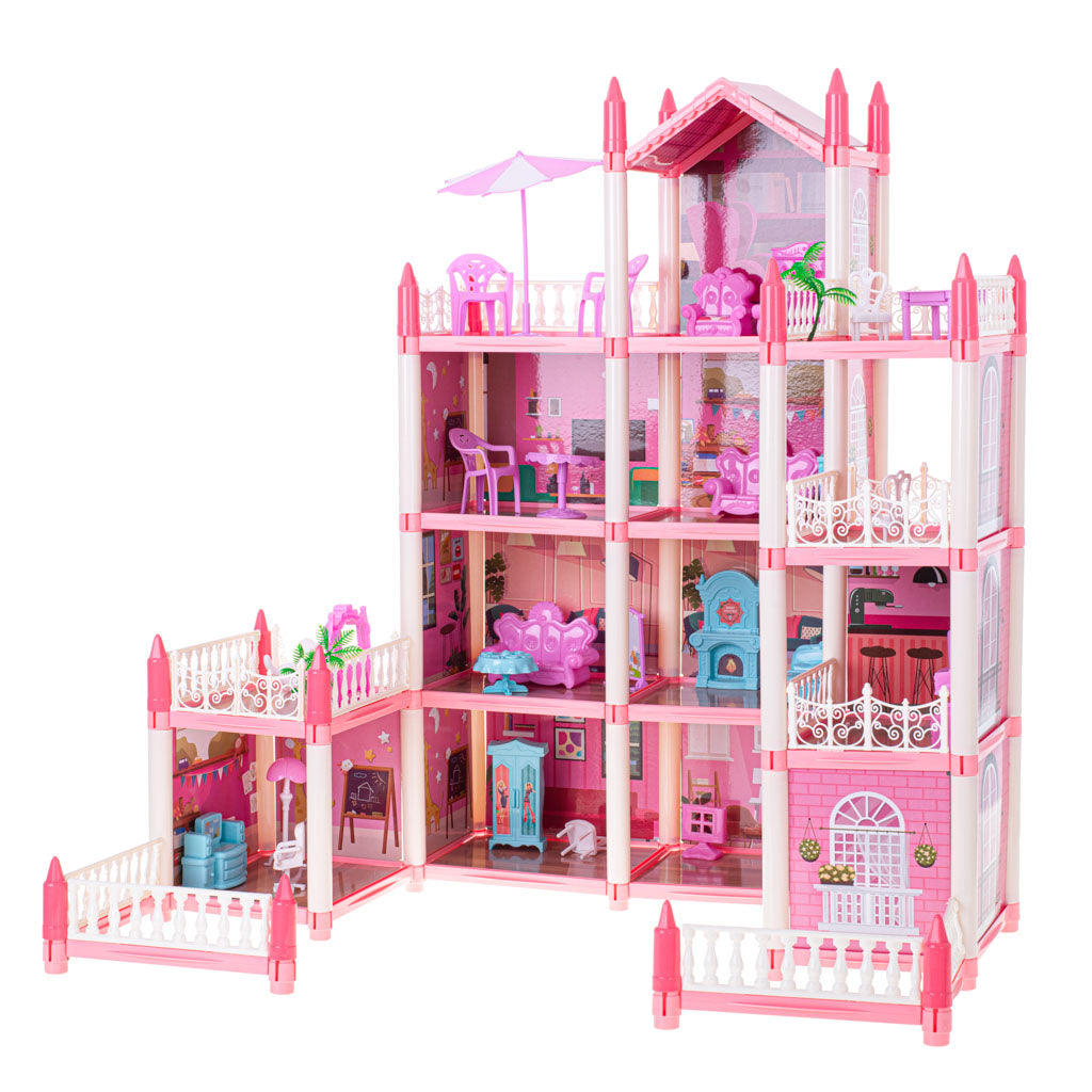 Leļļu māja villa rozā DIY 4 līmeņu mēbeles
