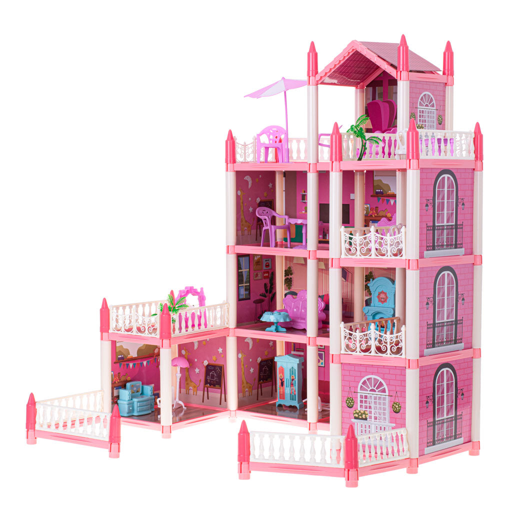 Leļļu māja villa rozā DIY 4 līmeņu mēbeles