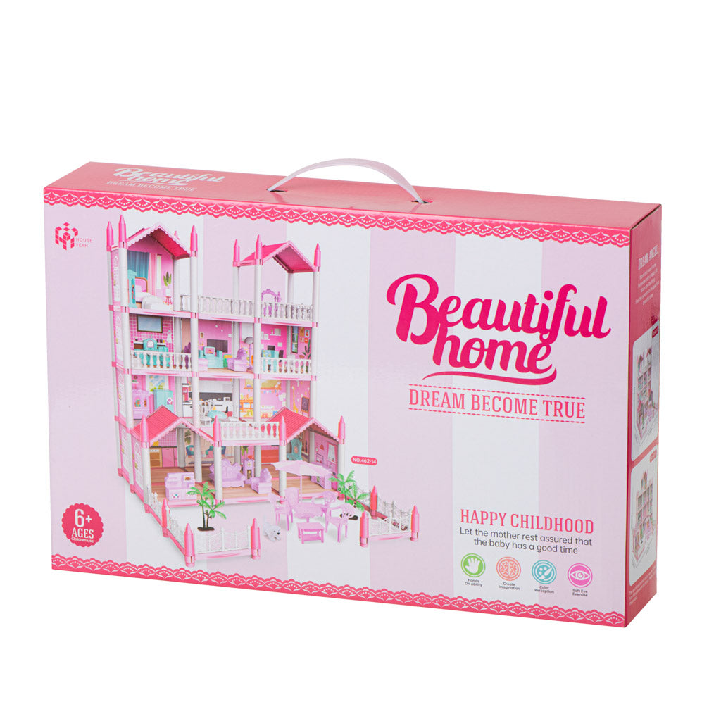 Leļļu māja villa rozā DIY 4 līmeņu mēbeles