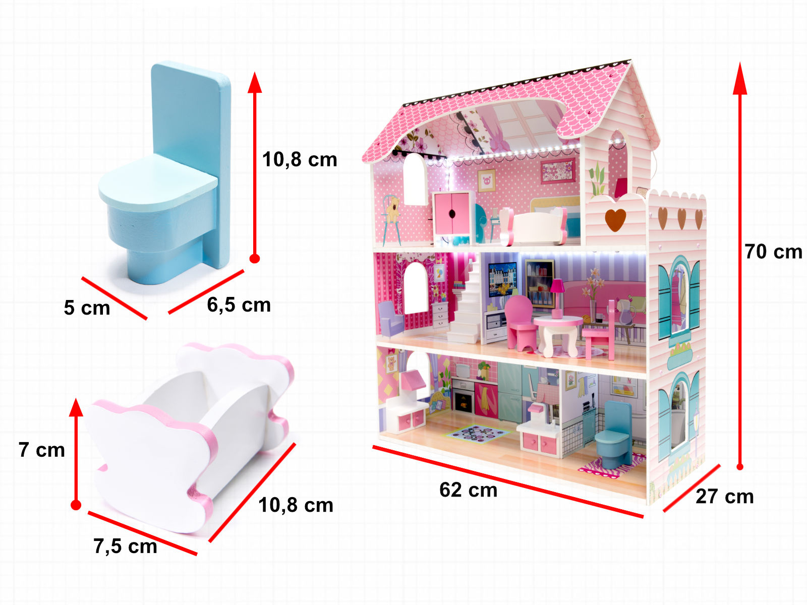MDF koka leļļu māja + mēbeles 70cm rozā LED