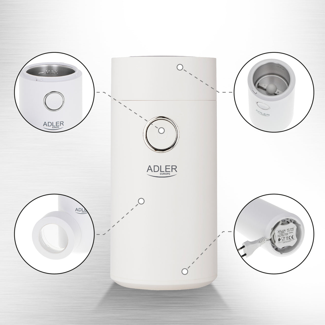 Adler AD 4446ws Kafijas riekstu garšaugu dzirnaviņas elektriskā balta sudraba 150W