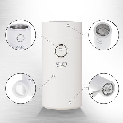 Adler AD 4446ws Kafijas riekstu garšaugu dzirnaviņas elektriskā balta sudraba 150W