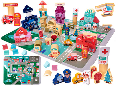 Izglītojoši koka pilsētas puzles bloki 100el.