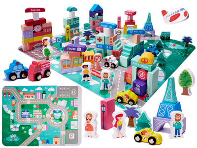 Izglītojoši koka pilsētas puzles klucīši 128el.