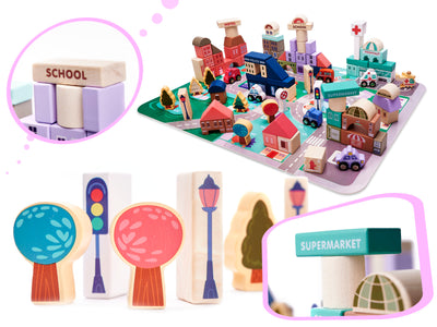 Izglītojoši koka pilsētas puzles klucīši 135el.