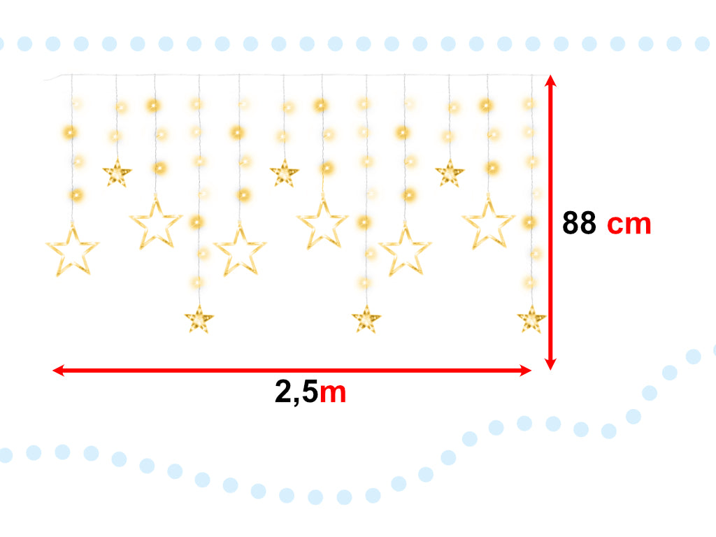 LED zvaigžņu aizkaru apgaismojums 2,5 m 138LED silti balta