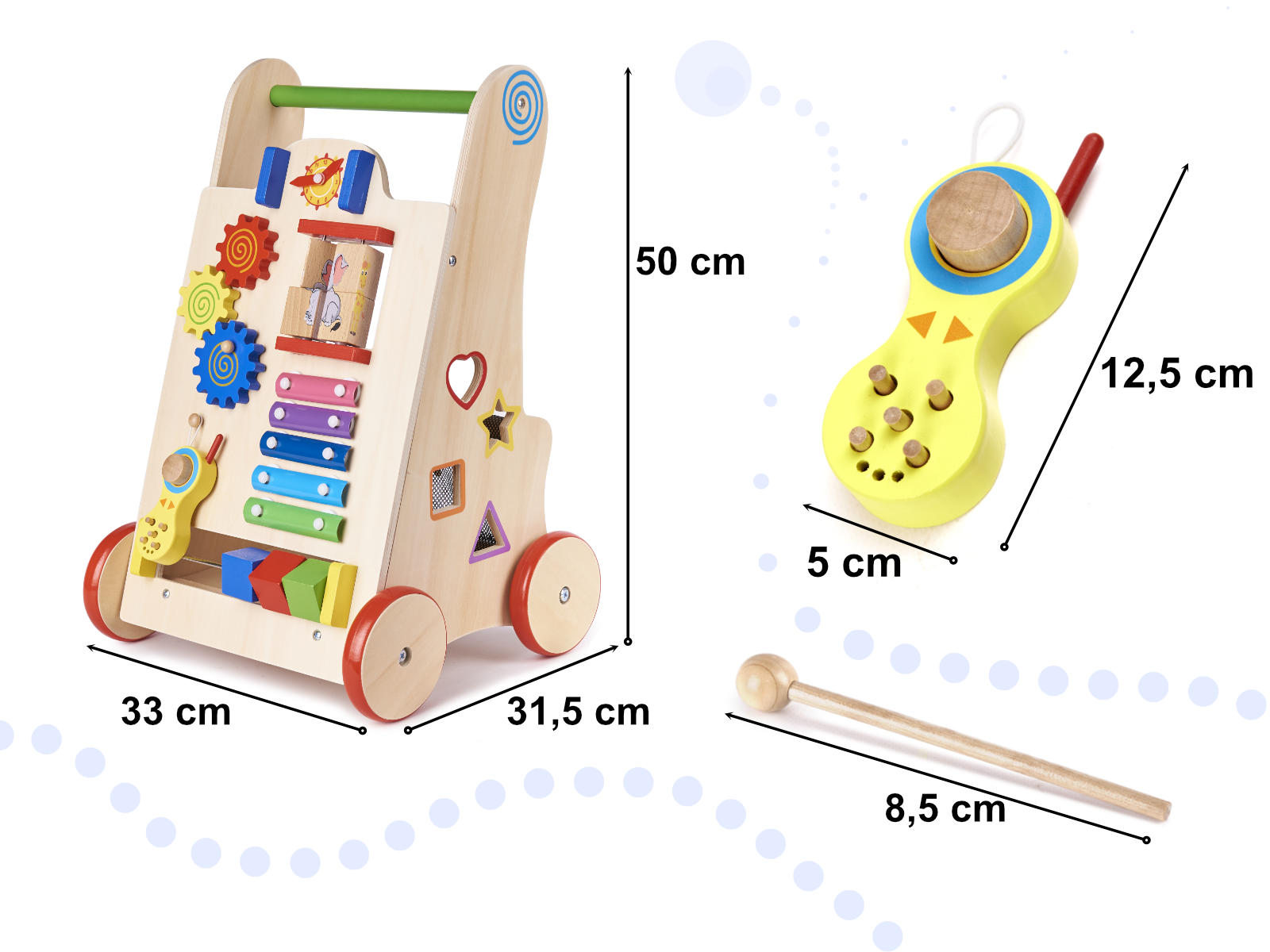 Bērnu ratiņu koka izglītojošais kubs 6in1