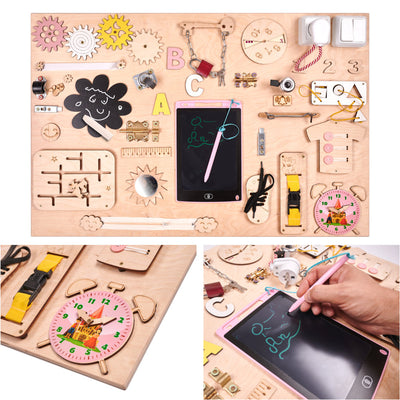 Koka manipulatīvais dēlis rozā pulkstenis 75x50cm