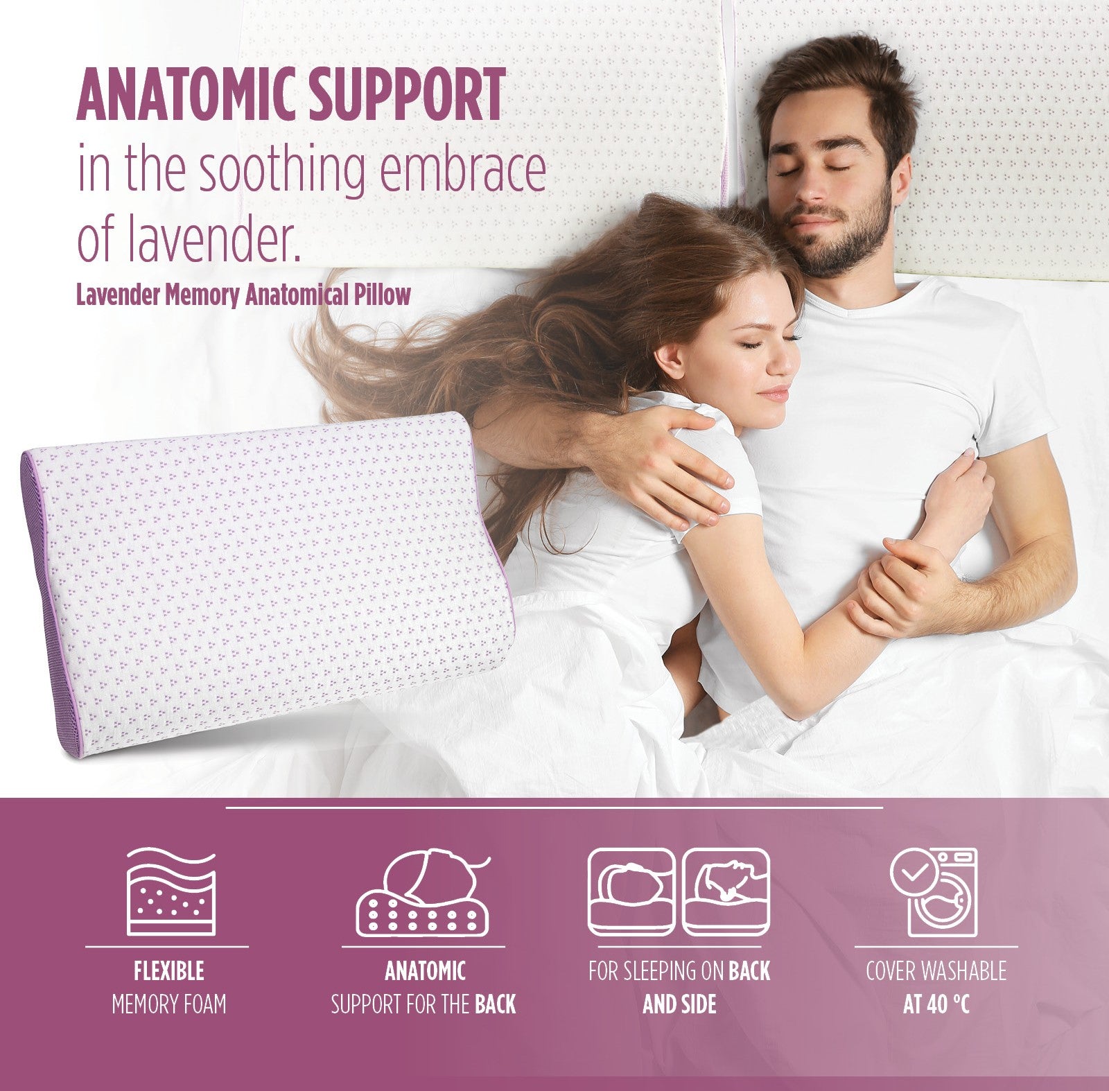 Anatomiskais spilvens Lavender Memory 30x50x7/9cm