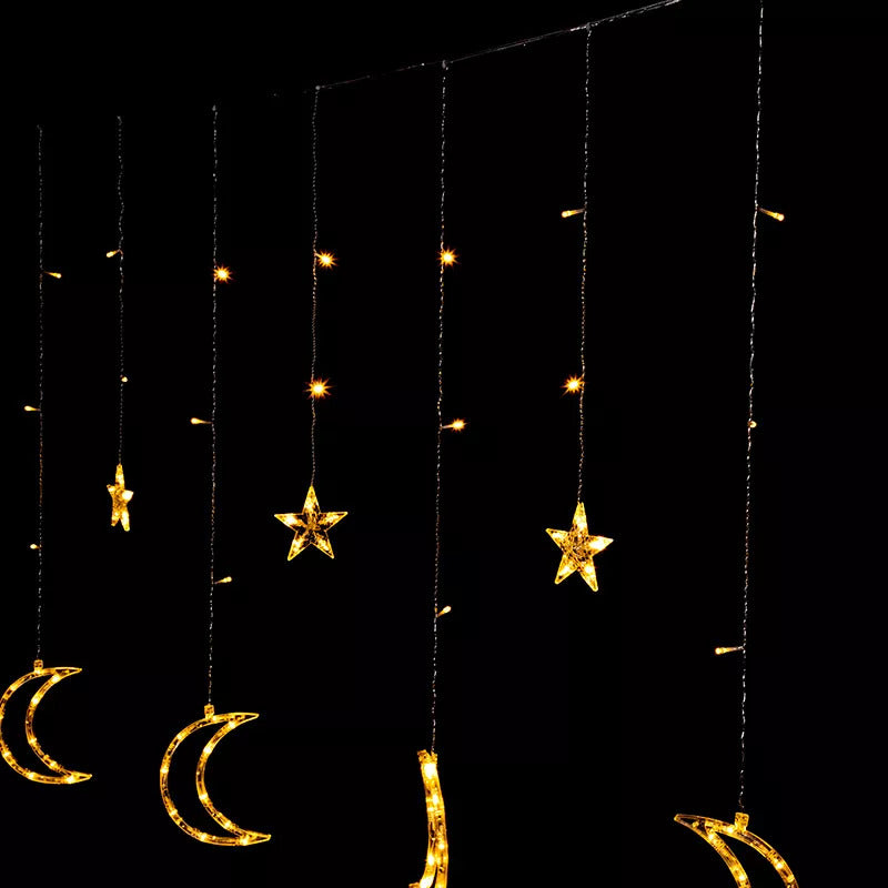 Mēness gaismas, zvaigznes, Ziemassvētku gaismiņas, aizkars, 96LED