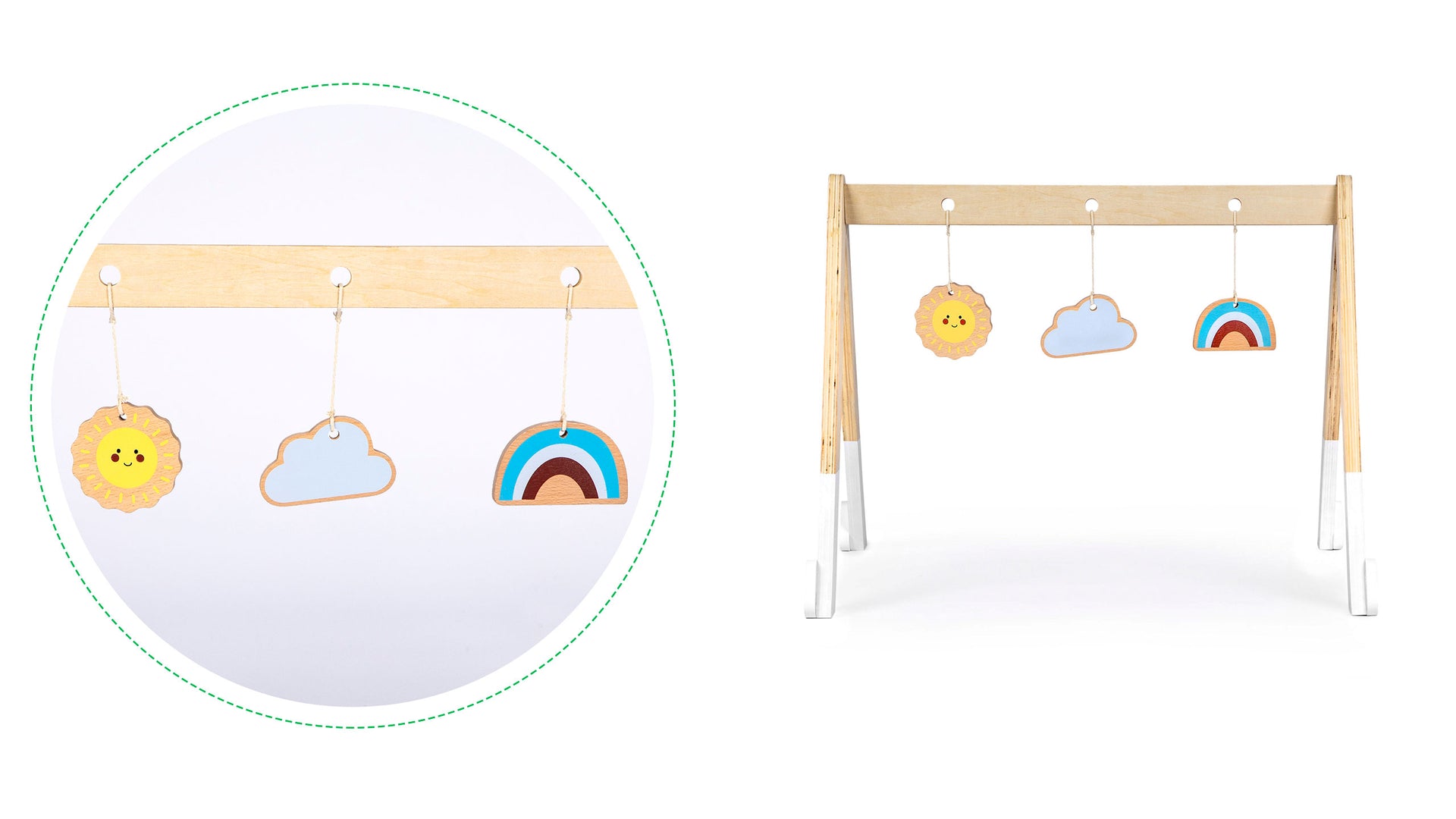 Izglītojošs vingrošanas koka statīvs + rotaļlietas SUN