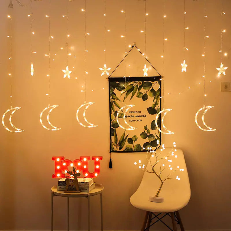 Mēness gaismas, zvaigznes, Ziemassvētku gaismiņas, aizkars, 96LED
