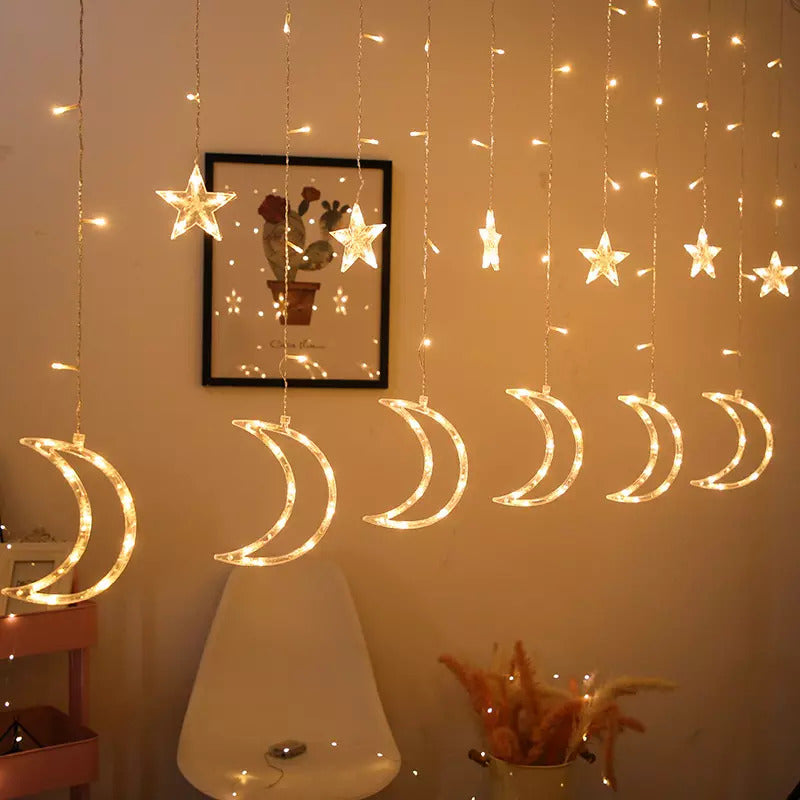 Mēness gaismas, zvaigznes, Ziemassvētku gaismiņas, aizkars, 96LED