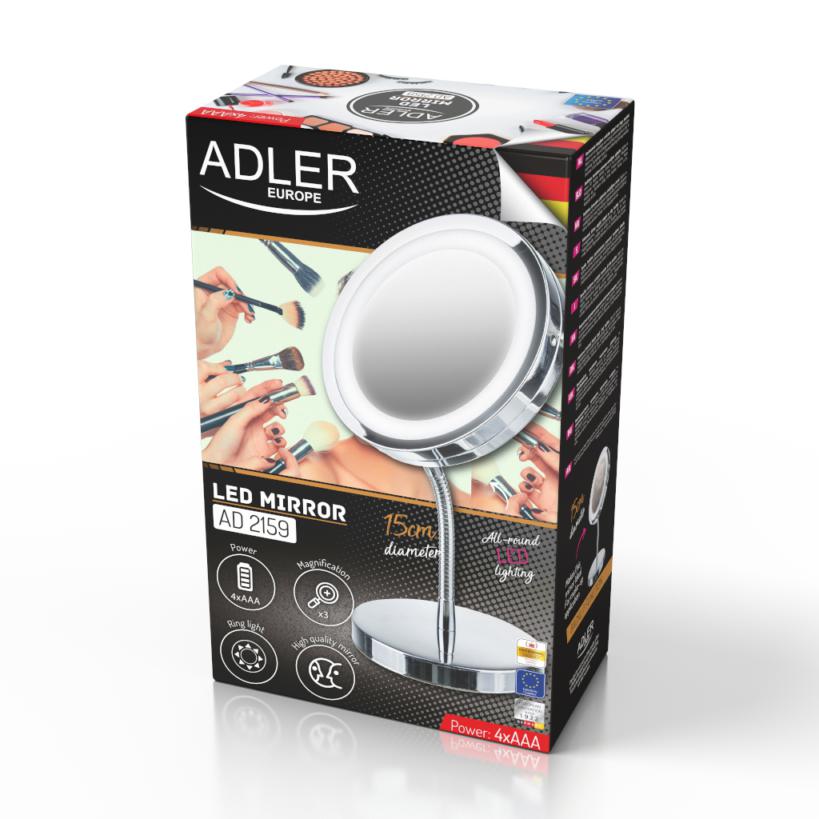 Adler AD 2159 LED grima spogulis ar apgaismojumu, kas stāv uz kosmētikas kājiņas, palielinošs grima spogulis
