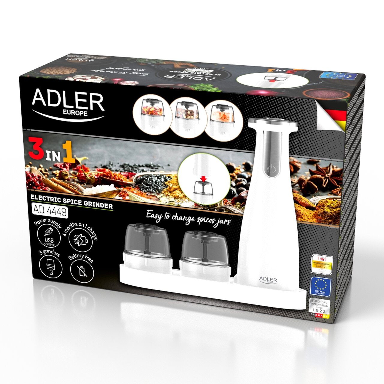 Adler AD 4449w 3 garšvielu dzirnaviņas piparu dzirnaviņas sāls kratītājs piparu kratītājs elektriskais USB -C 1500 mAh