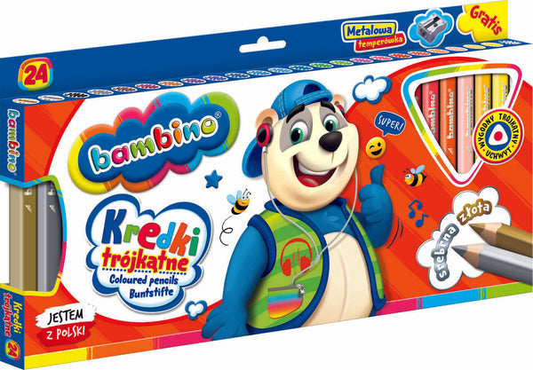 BAMBINO Trīsstūrveida zīmuļi koka rāmī 24 krāsas + asināmais
