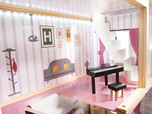 MDF koka leļļu māja + mēbeles 78cm melna LED