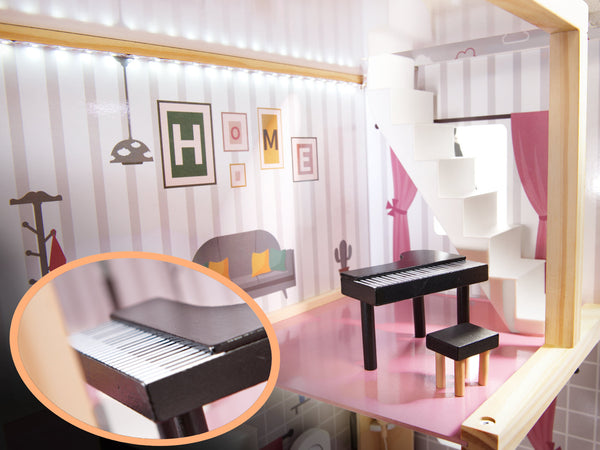 MDF koka leļļu māja + mēbeles 78cm melna LED