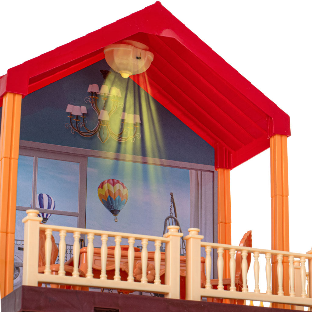 Leļļu māja willa sarkanais jumts apgaismojums + mēbeles un lelles