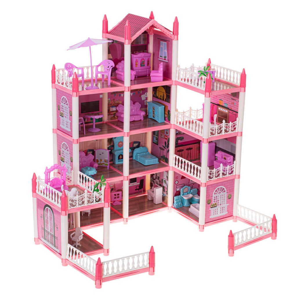 Leļļu māja villa rozā DIY 4 līmeņu mēbeles