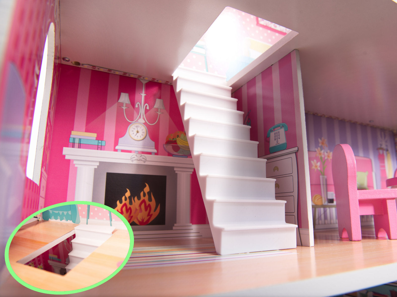MDF koka leļļu māja + mēbeles 70cm rozā LED