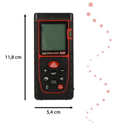 Digitālais lāzera attāluma mērītājs, ūdensizturīgs IP54 3mm/60m gadījumā, darbināms ar akumulatoru