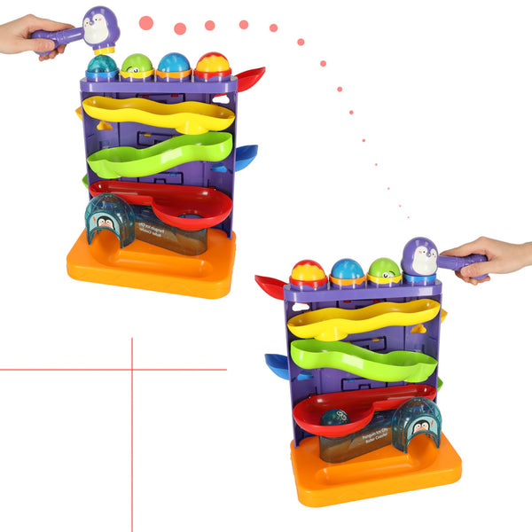 Interaktīvs 3-in-1 bumbiņu trases bumbiņu stūmējs ar āmuriem pingvīns + auto