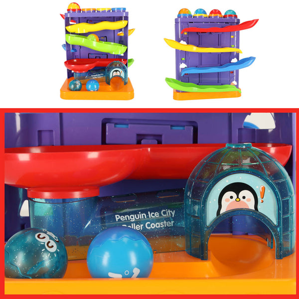 Interaktīvs 3-in-1 bumbiņu trases bumbiņu stūmējs ar āmuriem pingvīns + auto