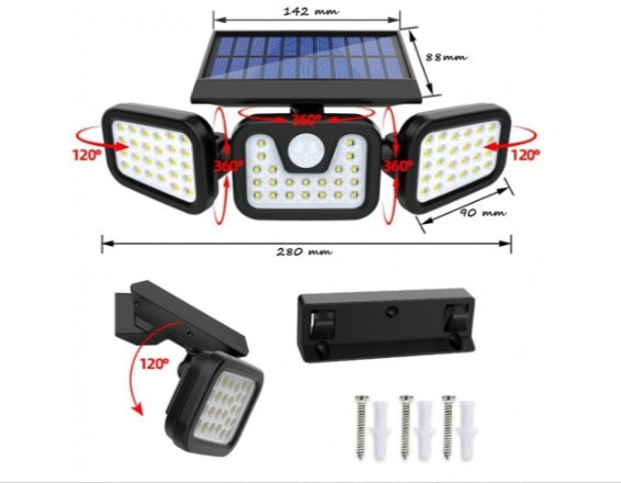 Trīs saules lampu kustības un krēslas sensors