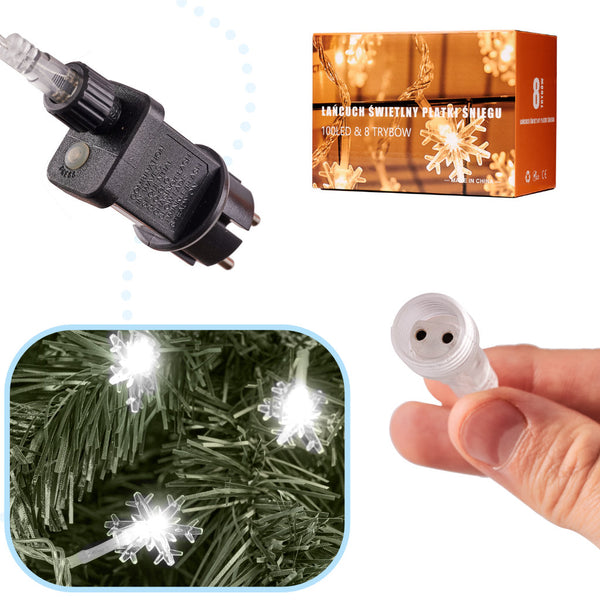 LED sniegpārsliņu ķēdes apgaismojums 10m 100LED auksti balta