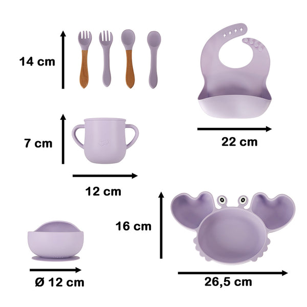 Bērnu silikona trauki krabju komplekts 9 gabaliņi violeti