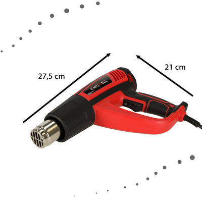 Elektriskais sildīšanas deglis ar temperatūras kontroli 0-600 grādu C gaisa plūsma 300-500 l/min + 4 maināmie uzgaļi 1850W