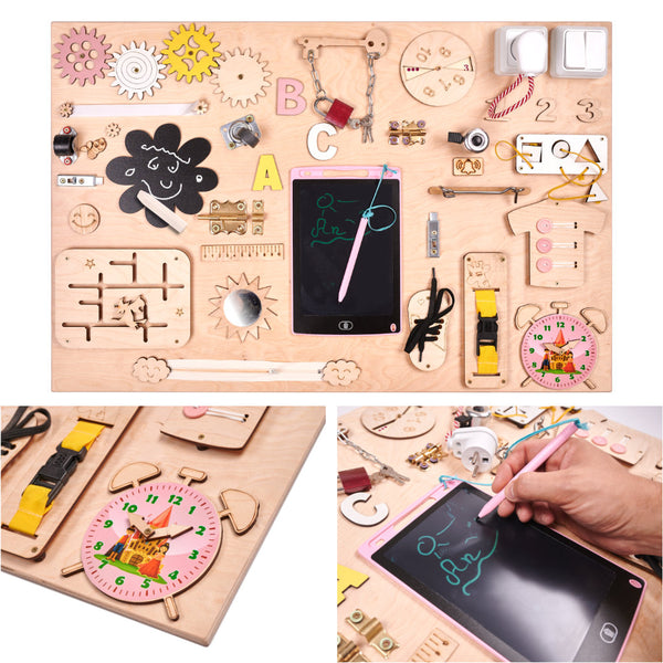 Koka manipulatīvais dēlis rozā pulkstenis 75x50cm