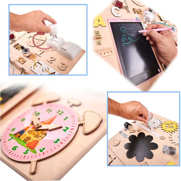 Koka manipulatīvais dēlis rozā pulkstenis 75x50cm