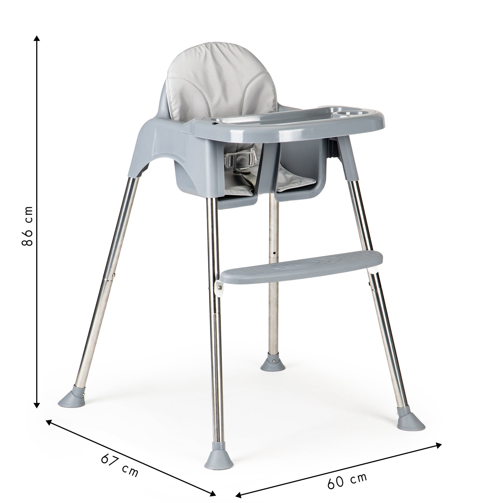 Bērnu augstās barošanas krēsls 2in1 ar paplāti un jostām grey