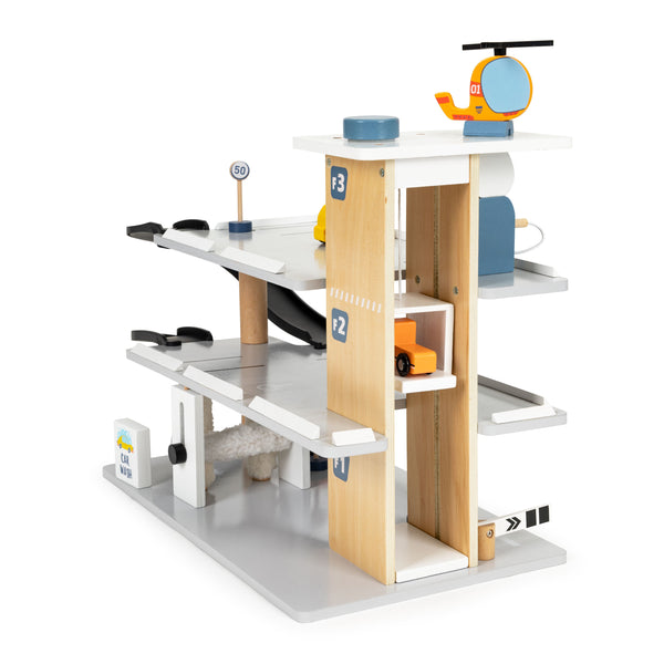 Liela koka garāža, autostāvvieta ar liftu, automašīnas, helikopters, ECOTOYS automazgātava