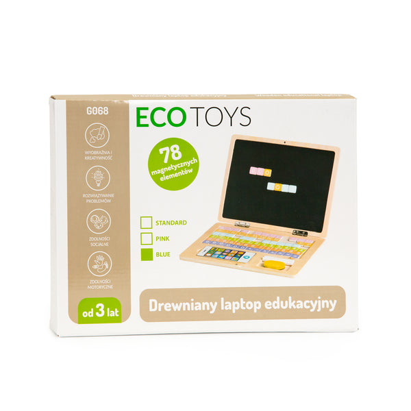 Koka Magnētiskā izglītības tāfele klēpjdators ar tālruni un burtiem-Zils ECOTOYS