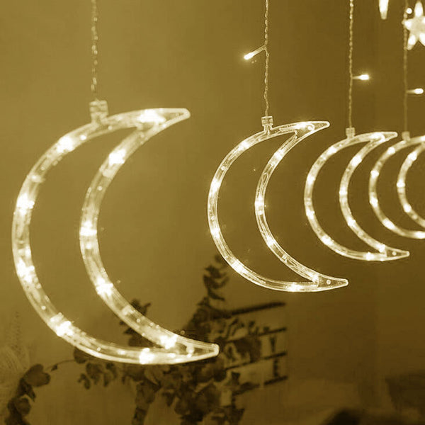 Mēness gaismas, zvaigznes, Ziemassvētku gaismiņas, aizkars, 96LED