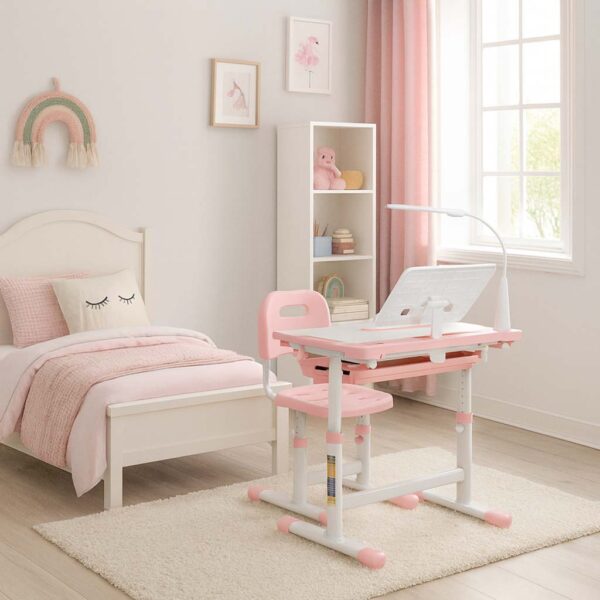 Biurko-dzieciece-szkolne-regulowane-krzeslo-lampka-LED-USB-rozowe-175621 Biurko-dzieciece-szkolne-regulowane-krzeslo-lampka-LED-USB-rozowe-175621