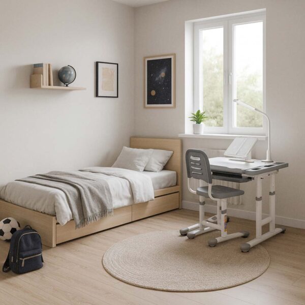 Biurko-dzieciece-szkolne-regulowane-krzeslo-lampka-LED-USB-szare-175588 Biurko-dzieciece-szkolne-regulowane-krzeslo-lampka-LED-USB-szare-175588