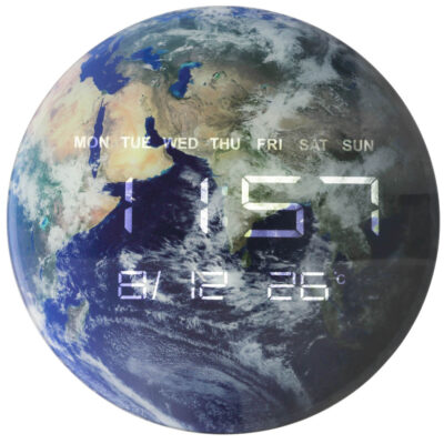 Planet earth wall clock with LED display 32 cm blue
