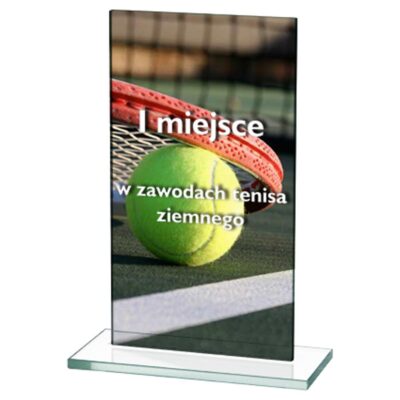 Glass trophy with LuxorJet color printing, engraving and paint filling